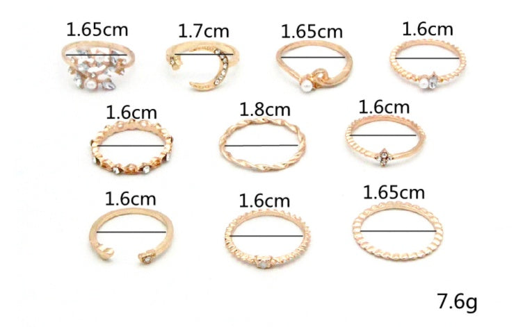 10-Piece Ring Star Moon Love Pearl Leaf - one package valentines Gift